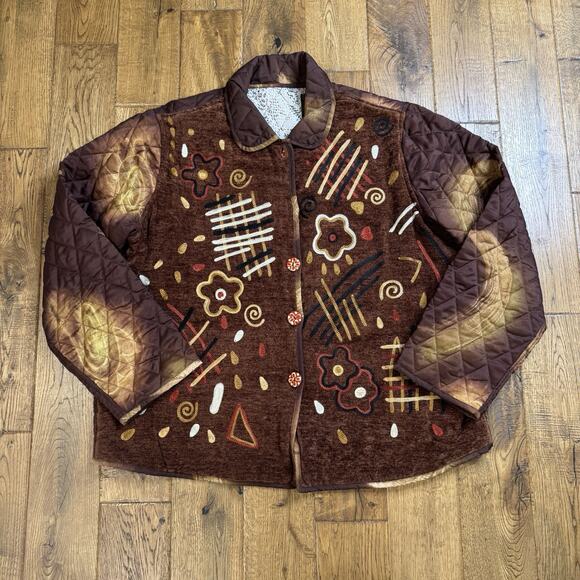 Vintage Patchwork Quilt Jacket Reversible Womens XL Floral Embroidered Pockets - Picture 1 of 6